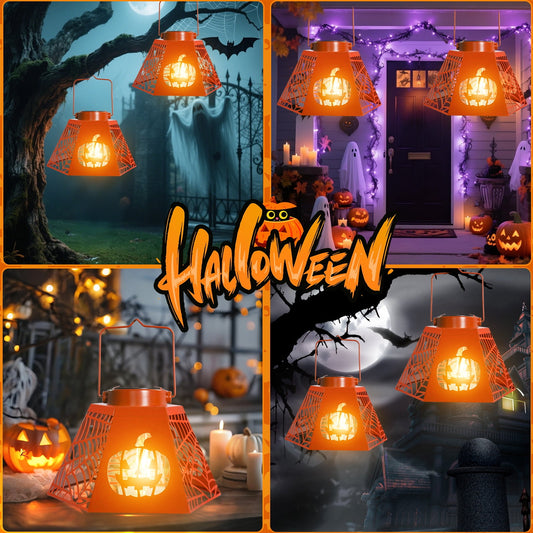 2PCS Halloween Pumpkin & Spider - Web Solar Lantern – Orange Metal Cutout Design with Jack - o'- Lantern Motifs, Solar - Powered LED Light for Garden, Patio & Festive Decor,2 PACK