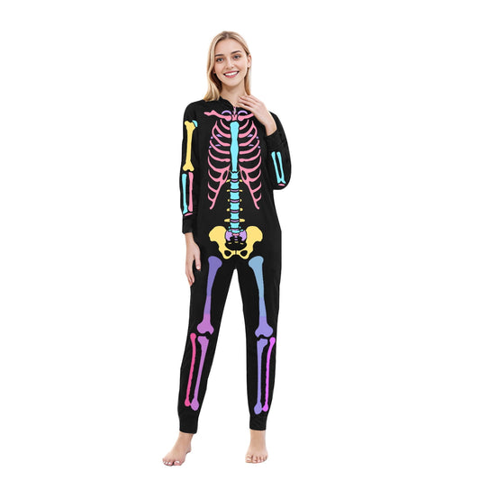 CLOISE Matching Family Pajamas Halloween Skeleton Onesie Pjs for Women Hooded Full-zip Sleepwear Comfortable Long Sleeve Loungewear Funny Halloween Clothes Black 2XL