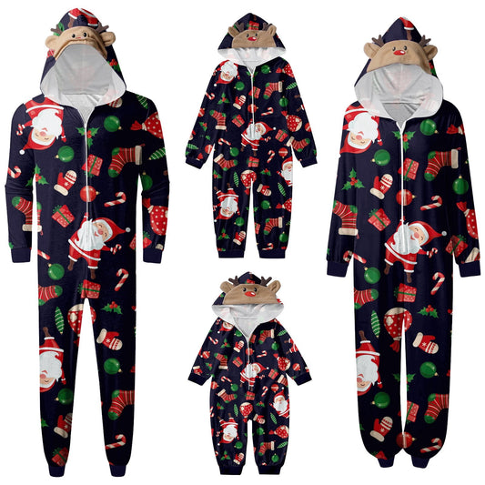 CUZIBR Christmas Family Pajamas Hooded Full Zipper Up Sleepwear Outfits Long Sleeve Cute Snowflake Print One Piece Jumpsuits Loungewear For Mom,Navy,M