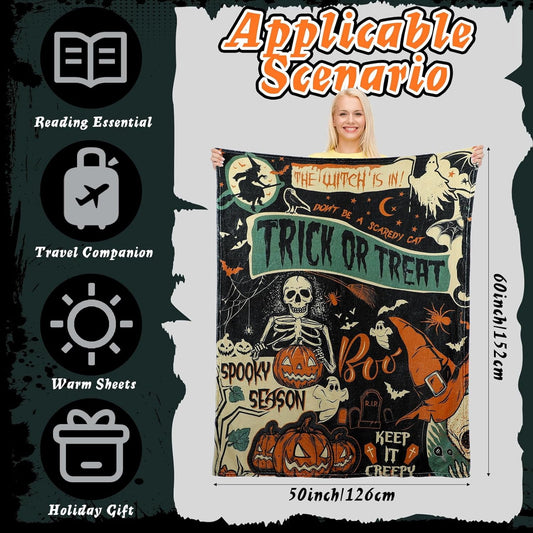 Spooky Season Halloween Skeleton and Pumpkin Throw Blanket with Trick or Treat and Boo Quote Soft Plush Fleece for Home Decor