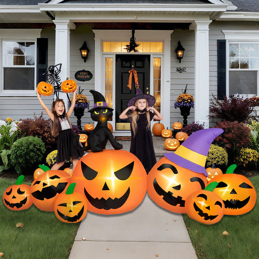B&D 8FT Long Halloween Inflatables Pumpkin, Blow Up Pumpkins Inflatables with Witch Hat & Black Cat Built-in LED Lights for Halloween Party Yard Garden Lawn Decor