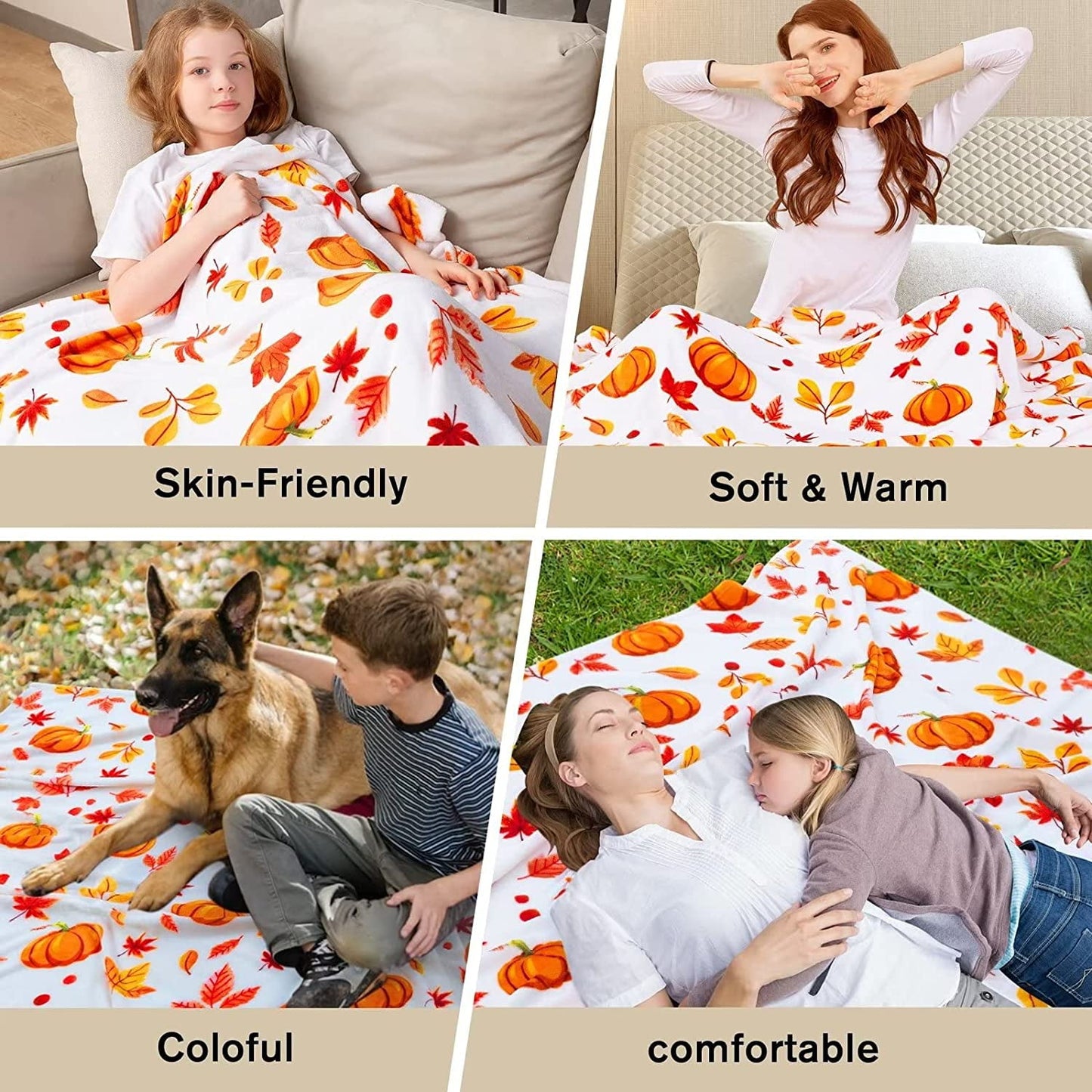 Fall Throw Blanket, Halloween Pumpkin Autumn Plush Fall Decor Fleece Fuzzy Picnic Throw Blanket for Couch Sofa Chairs, Cute Holiday Orange Leaf Blankets and Throws for Home (50" x 60")