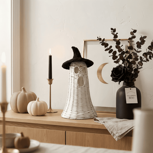 Handwoven Wicker Ghost with Detachable Witch Hat Lid - Rustic Rattan Style Spooky Lantern Centerpiece Halloween Decoration, Dark Botanical & Farmhouse Tabletop Mantle Decor, 13.78", Black & White