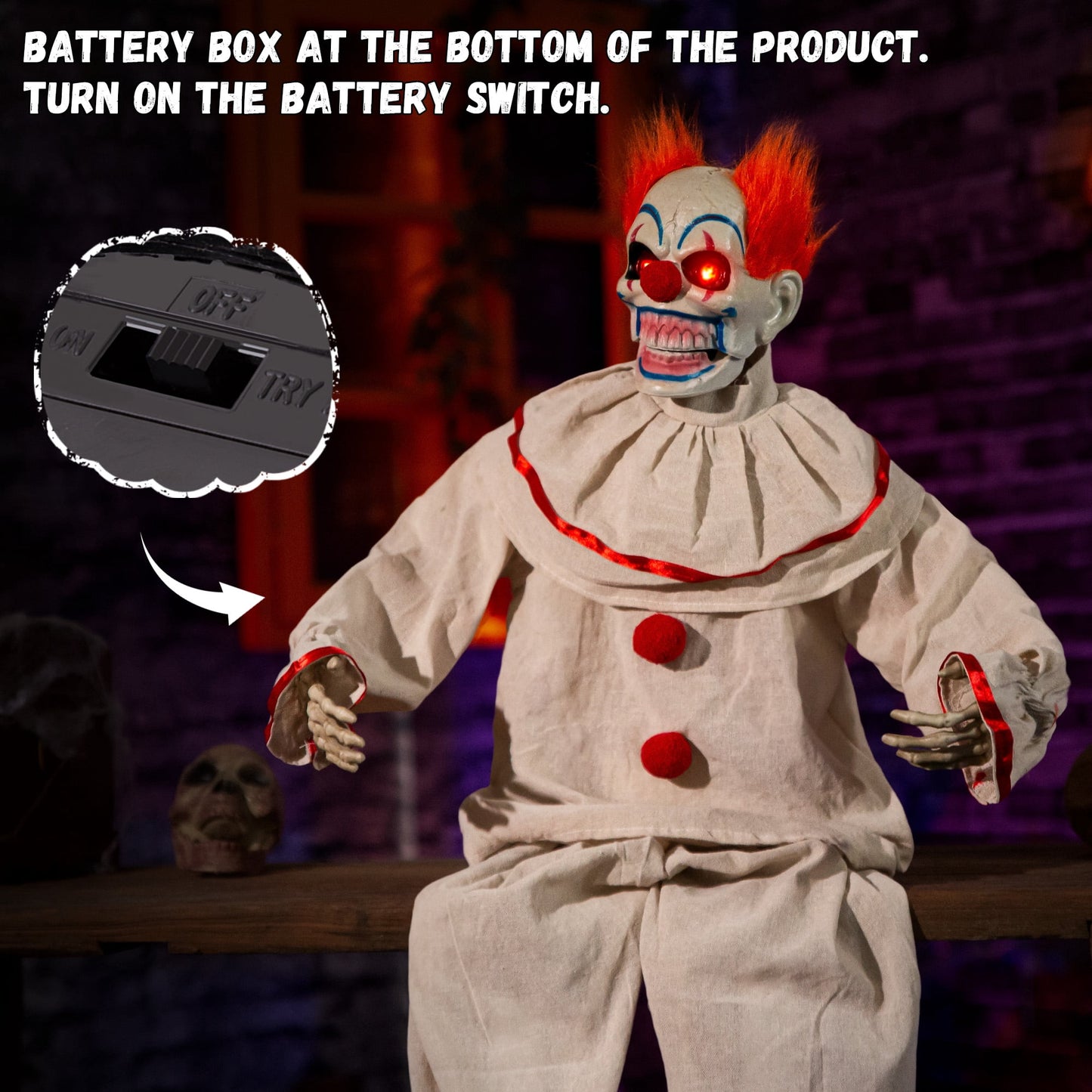 Halloween Animatronic Sitting Clown Animated Decorations - Sound Activated with Creepy Sound, Light Up Eyes, Scary Move, Haunted House Holiday Spooky Decor Horror Prop, for Indoor Outdoor