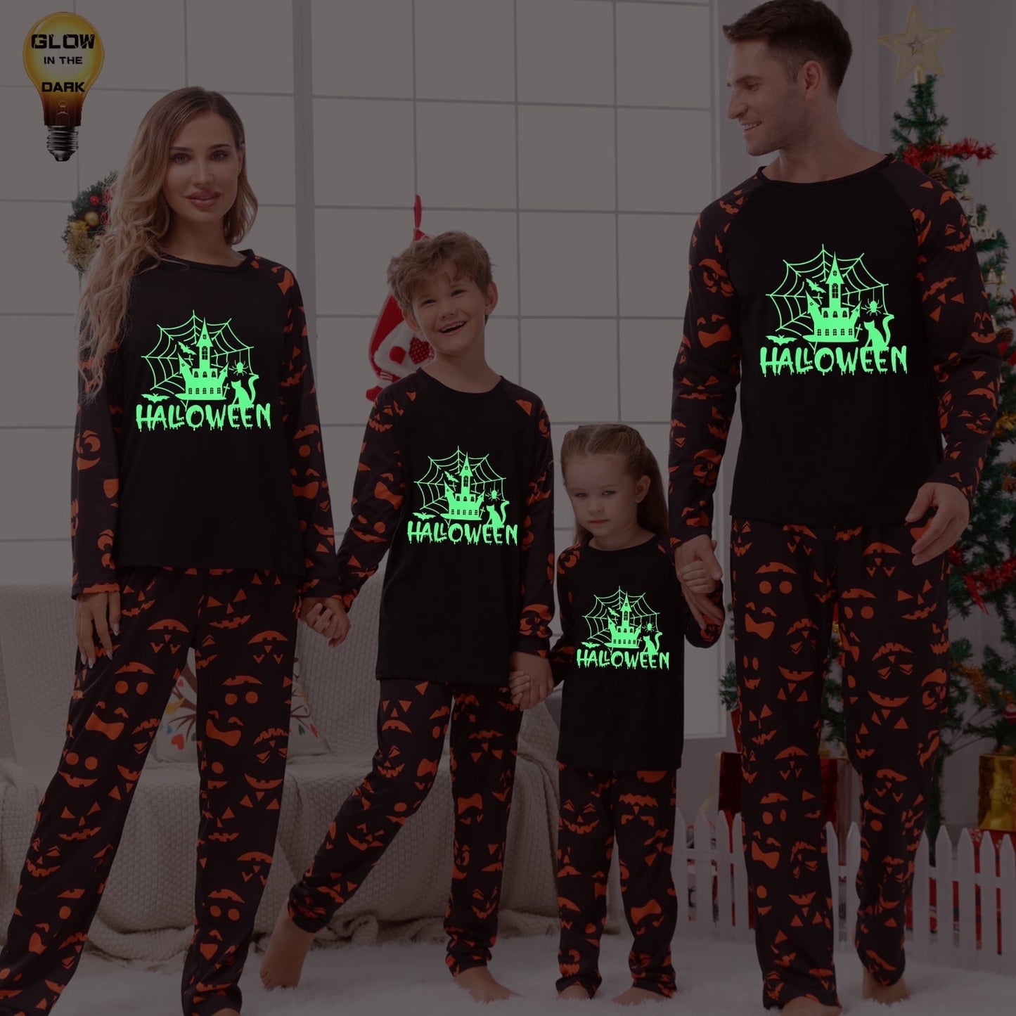 Spooky Home Halloween Pajamas Family Matching Glow In The Dark Halloween Print Long Sleeve