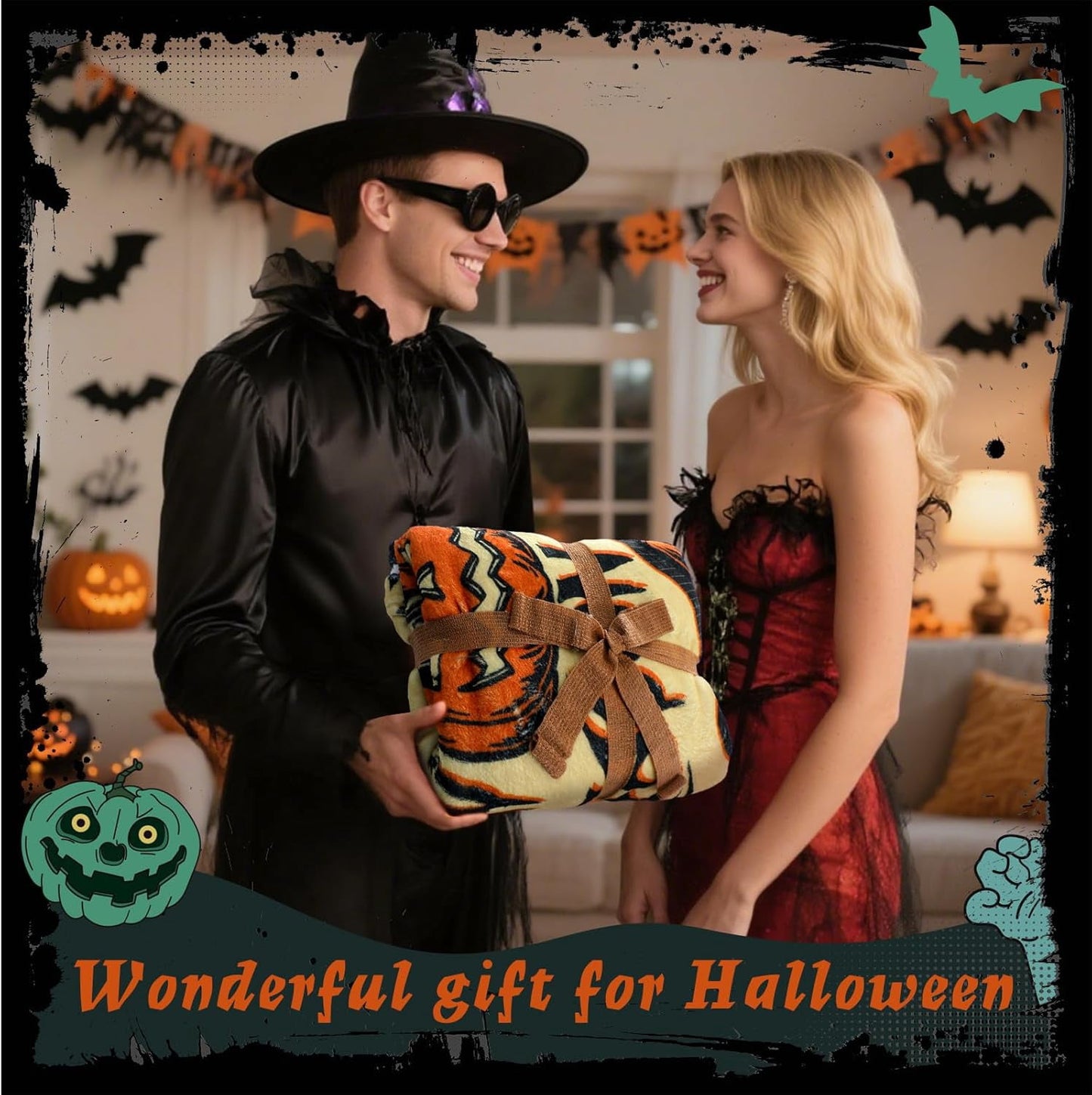 Spooky Season Halloween Skeleton and Pumpkin Throw Blanket with Trick or Treat and Boo Quote Soft Plush Fleece for Home Decor