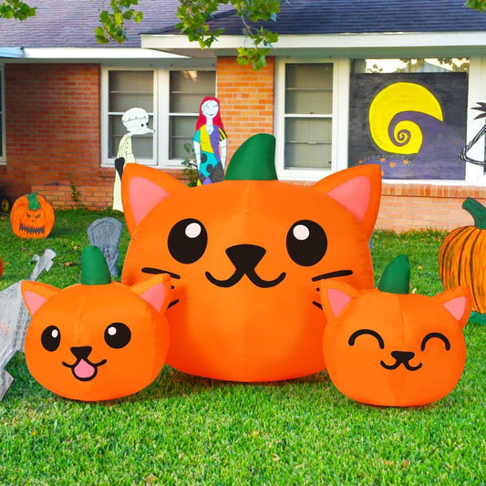 COMIN Halloween Inflatable 5 FT Long Three Pumpkin Cat Head Combo with Built-in LEDs, Blow Up Yard Decoration for Holiday Party Indoor, Outdoor, Yard, Garden, Lawn