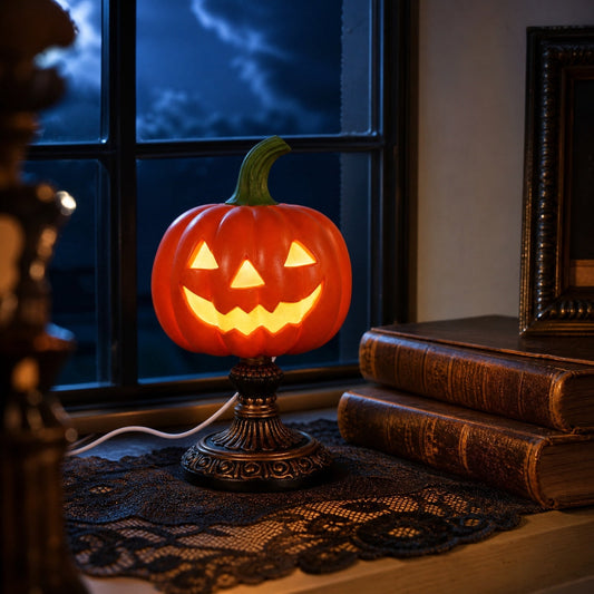 Halloween Pumpkin Table Lamp 7.6 Inch, Jack O Lantern Nightlight, Vintage Resin Base Light, Spooky Cute Room Decor Accent