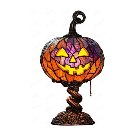 SCNOR Vintage Stained Glass Pumpkin Table Lamp, USB Powered Jack O Lantern Night Light for Halloween Fall Mantel Decor