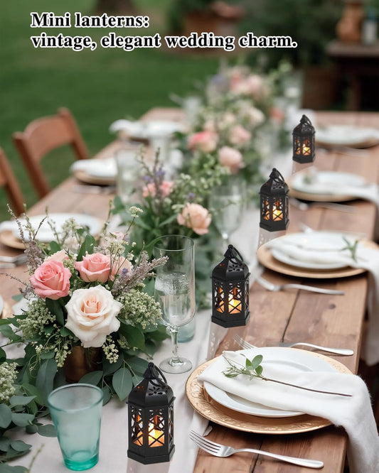 Micrency 12-Pack Mini Lanterns with Flickering LED Candles, Moroccan Style Decorative Hanging Lanterns for Halloween, Christmas, Wedding, Black Lantern for Table Centerpiece, Home & Party Decor