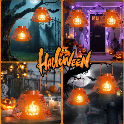 2PCS Halloween Pumpkin & Spider - Web Solar Lantern – Orange Metal Cutout Design with Jack - o'- Lantern Motifs, Solar - Powered LED Light for Garden, Patio & Festive Decor,2 PACK