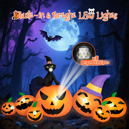 B&D 8FT Long Halloween Inflatables Pumpkin, Blow Up Pumpkins Inflatables with Witch Hat & Black Cat Built-in LED Lights for Halloween Party Yard Garden Lawn Decor
