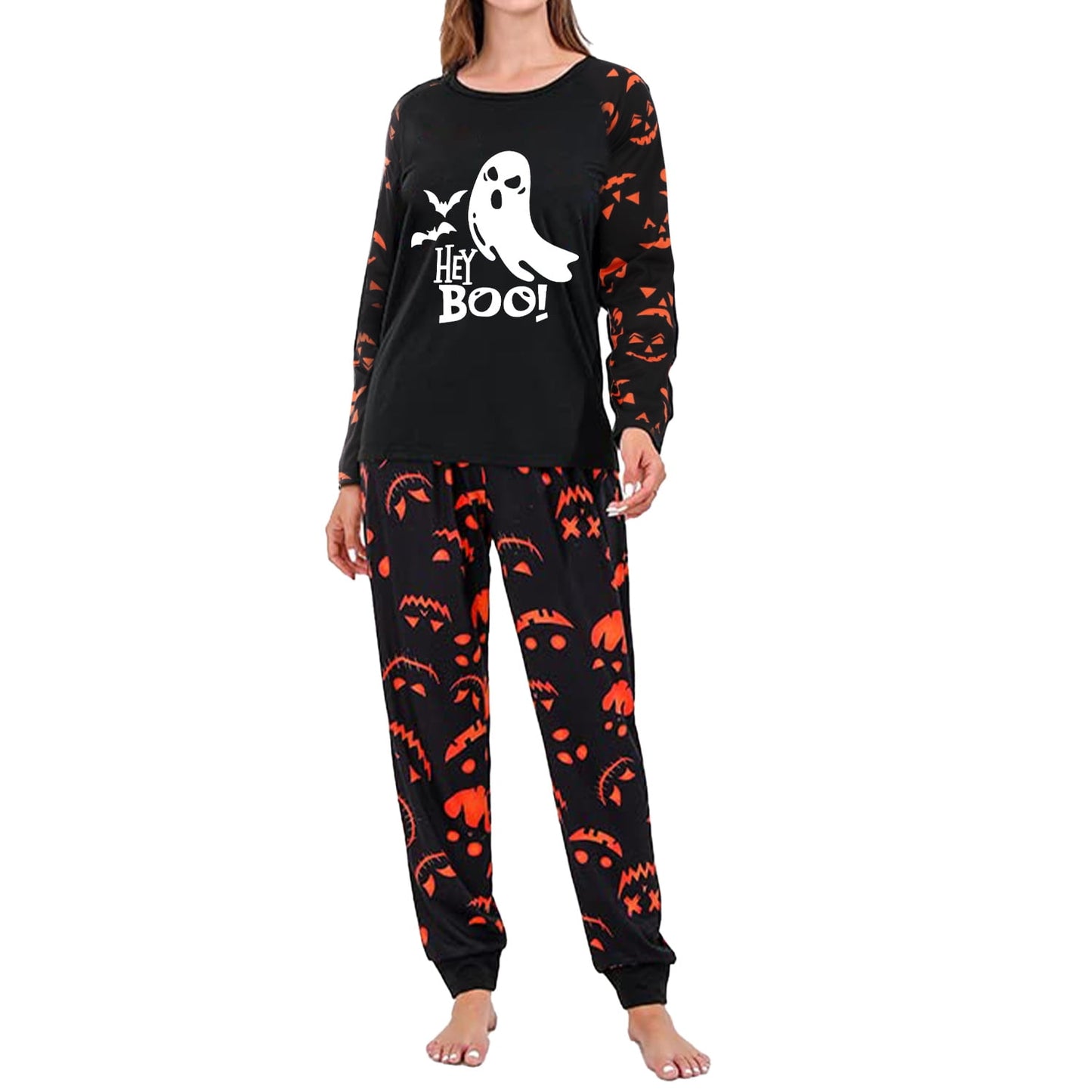DAKIMOE Halloween Pajamas Family Matching Glow In The Dark Halloween Print Long Sleeve PJs Set Outfits 2 Pieces Cotton Loungewear Sleepwear for Adult Men Women Kids Toddler, Ghost, Mom-M