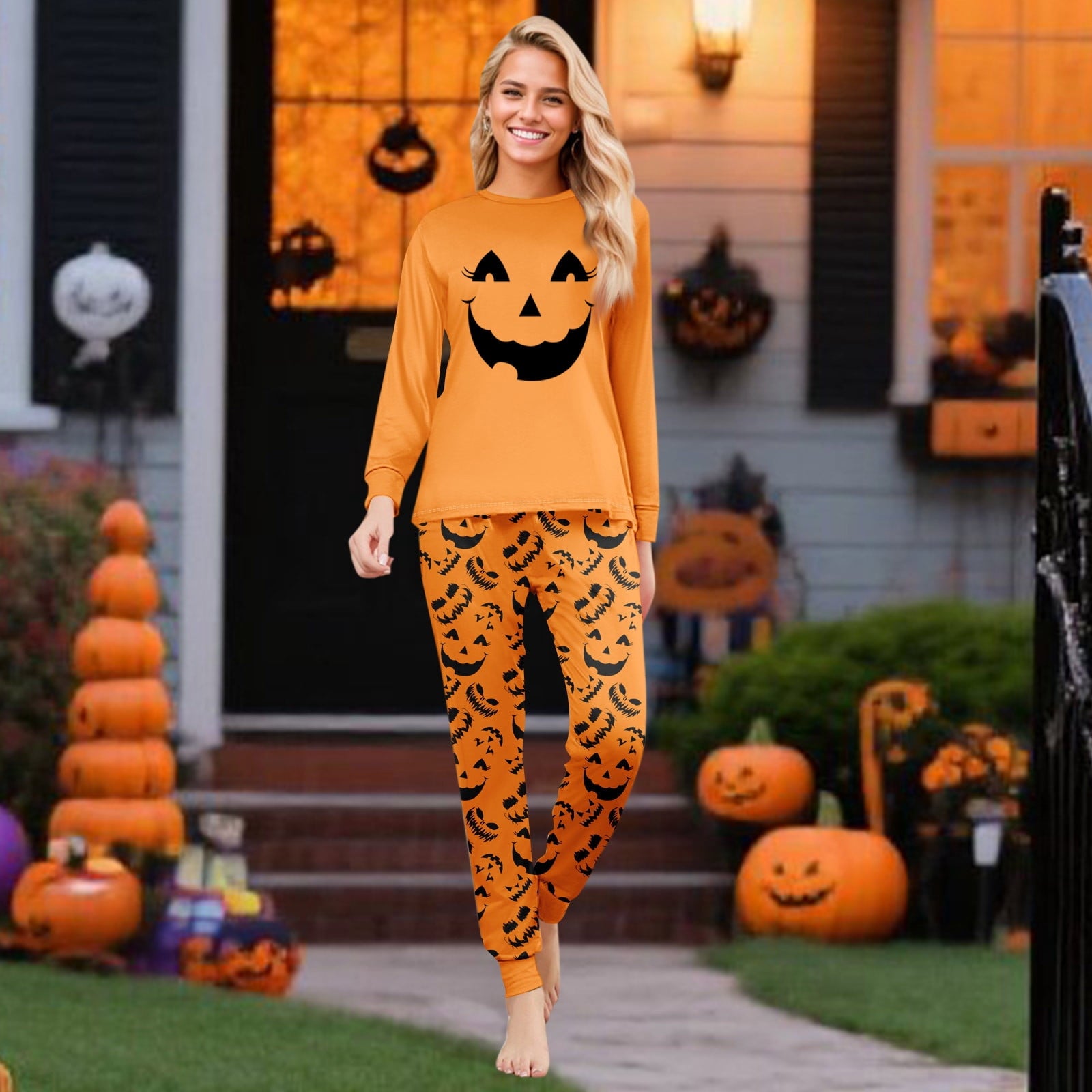 Tplvbz Matching Pajamas for Family Halloween Pumpkin Ghost Pjs Cute Holiday Pajamas Family Member Long Sleeve Matching Pjs Couple Loungewear Pijama Tops Pants for Halloween Women XXXL