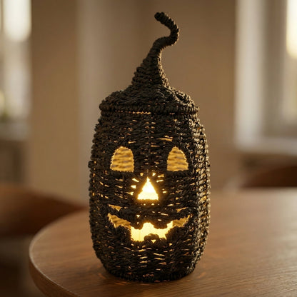 Halloween Woven Pumpkin Jack-O'-Lantern with LED Candle, Hand-Woven Rattan Fall Pumpkin Lantern Decor for Home Tabletop, Mantel, Spooky Haunted House Party Supplies Halloween Decorations Gifts