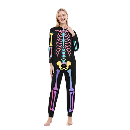 CLOISE Matching Family Pajamas Halloween Skeleton Onesie Pjs for Women Hooded Full-zip Sleepwear Comfortable Long Sleeve Loungewear Funny Halloween Clothes Black 2XL