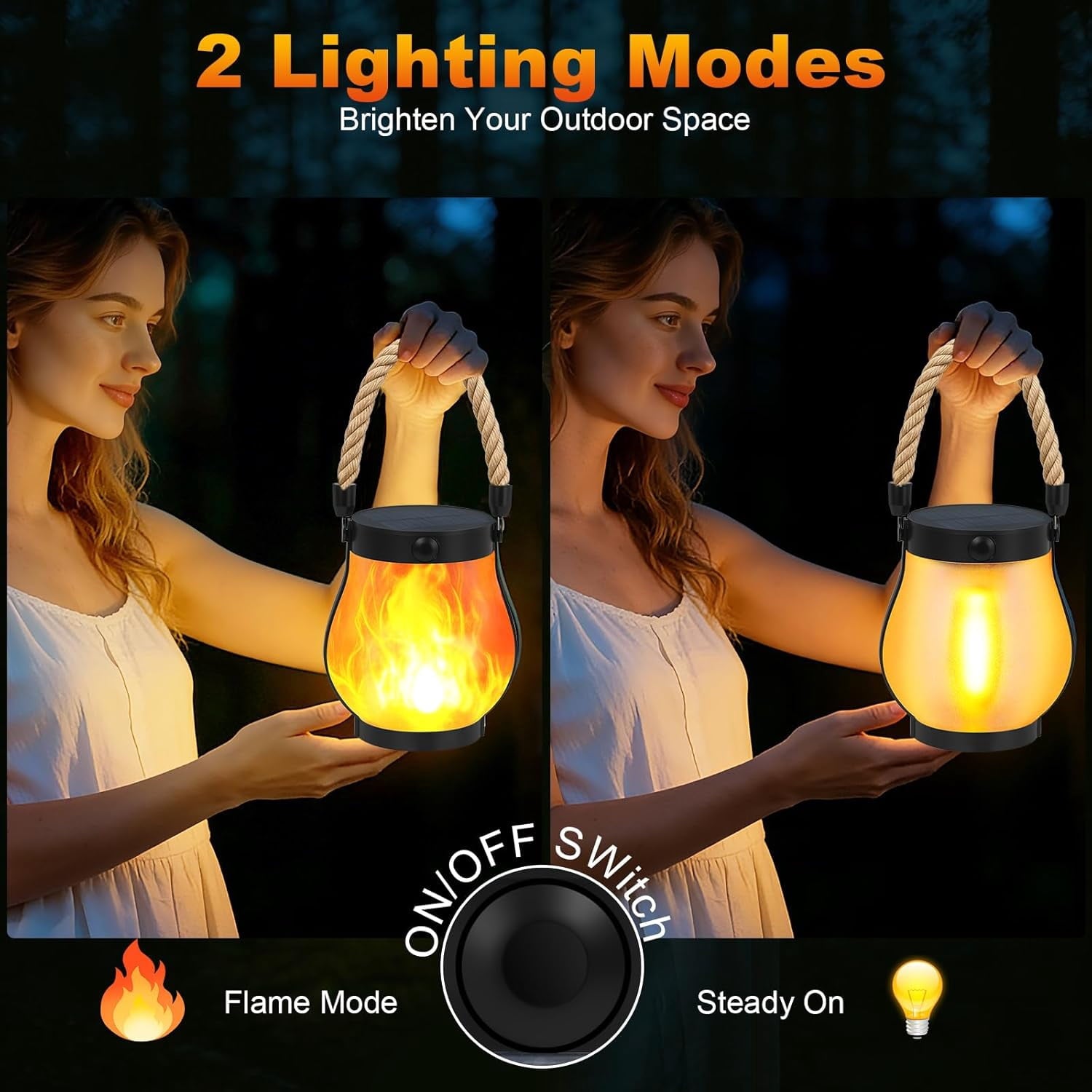 Gkcity Solar Lanterns Outdoor with Ultra-Real Flame, Dual Charging (USB/Solar), 2 Modes & Outdoor Waterproof Design, Decorative Hanging/Table Lights for Yard Patio Garden, Halloween Camp Gear, 2 Pack