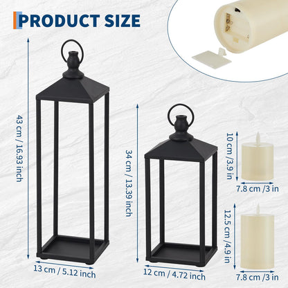 13"+17" Black Candle Lanterns, Metal Decorative Lanterns for Outdoor & Indoor with Flameless LED Candles, Halloween & Christmas Use Modern Patio Porch Garden Floor Decor