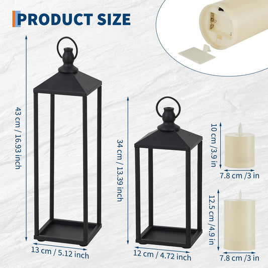 13"+17" Black Candle Lanterns, Metal Decorative Lanterns for Outdoor & Indoor with Flameless LED Candles, Halloween & Christmas Use Modern Patio Porch Garden Floor Decor
