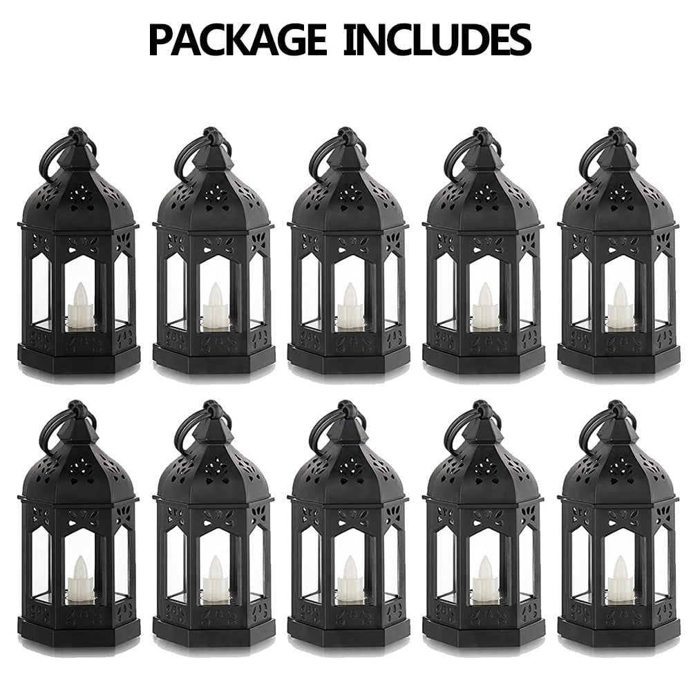 Sziqiqi Mini Lanterns Decorative for Centerpiece: 10pcs Hanging Small Black Lantern Bulk with Flickering LED Candles for Halloween Decorations, Wedding Decor, Christmas Table, Batteries Included
