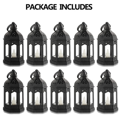 Sziqiqi Mini Lanterns Decorative for Centerpiece: 10pcs Hanging Small Black Lantern Bulk with Flickering LED Candles for Halloween Decorations, Wedding Decor, Christmas Table, Batteries Included