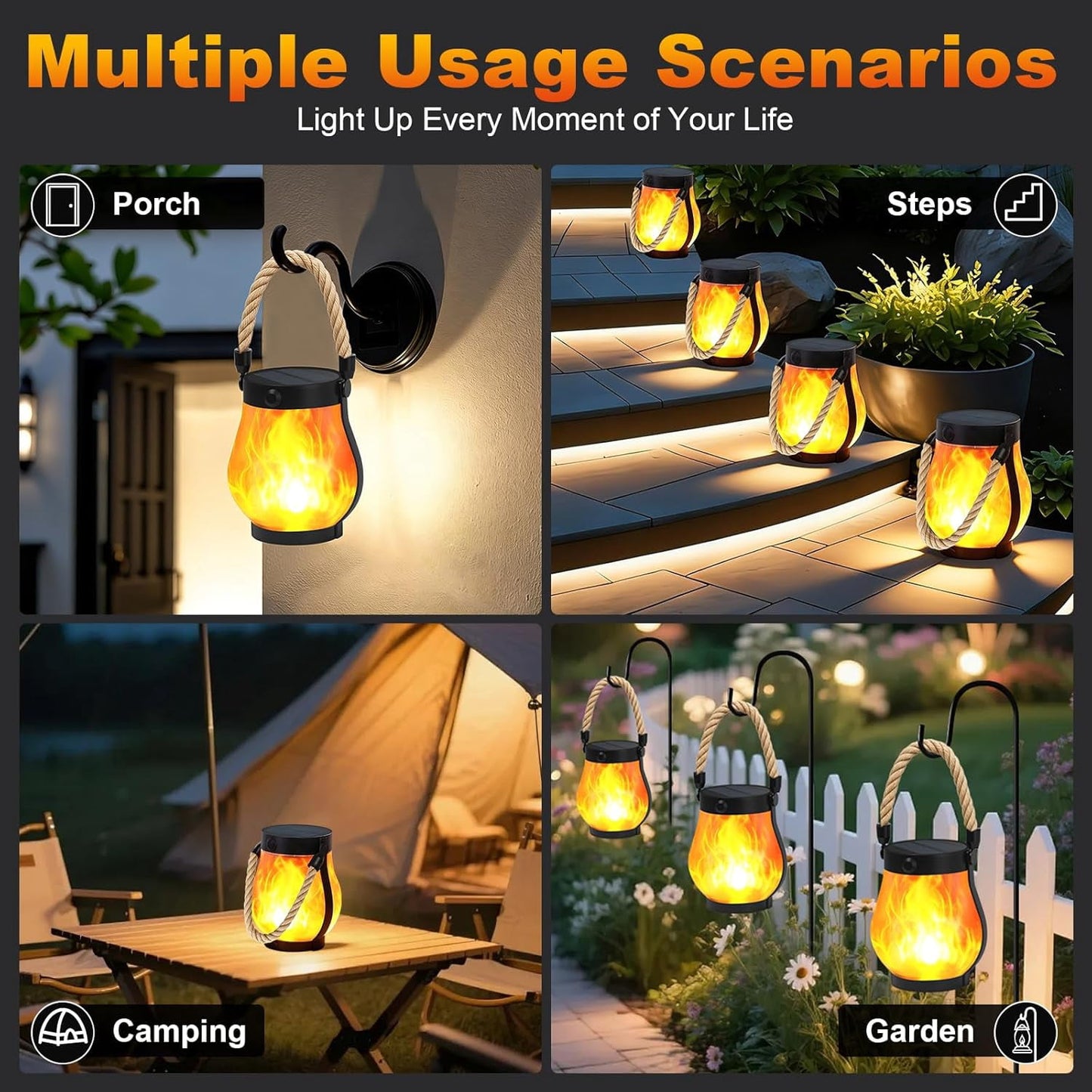 Gkcity Solar Lanterns Outdoor with Ultra-Real Flame, Dual Charging (USB/Solar), 2 Modes & Outdoor Waterproof Design, Decorative Hanging/Table Lights for Yard Patio Garden, Halloween Camp Gear, 2 Pack