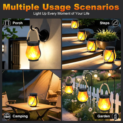 Gkcity Solar Lanterns Outdoor with Ultra-Real Flame, Dual Charging (USB/Solar), 2 Modes & Outdoor Waterproof Design, Decorative Hanging/Table Lights for Yard Patio Garden, Halloween Camp Gear, 2 Pack