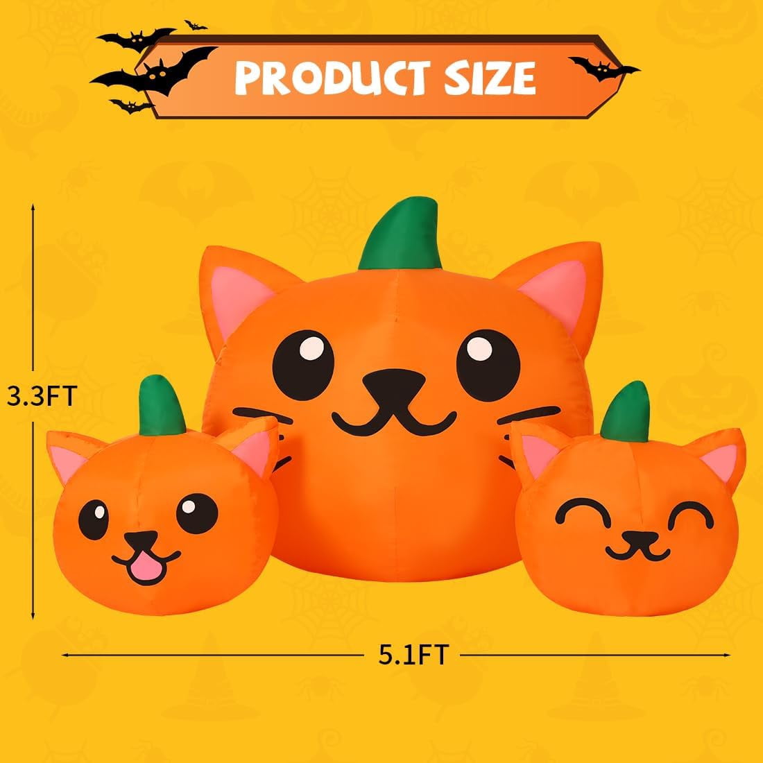 COMIN Halloween Inflatable 5 FT Long Three Pumpkin Cat Head Combo with Built-in LEDs, Blow Up Yard Decoration for Holiday Party Indoor, Outdoor, Yard, Garden, Lawn