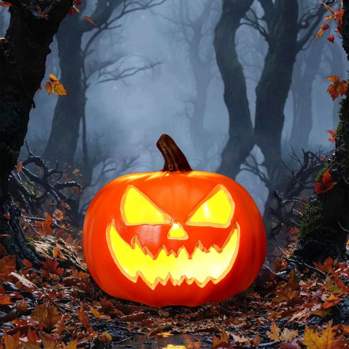 Round Jack O Lantern Pumpkin, Halloween Hollow Jack O Lantern LED Light 7.8 Inch Large Evil Eye Pumpkin Figurine for Mantel Table Covered Porch Indoor Fall Home Decor