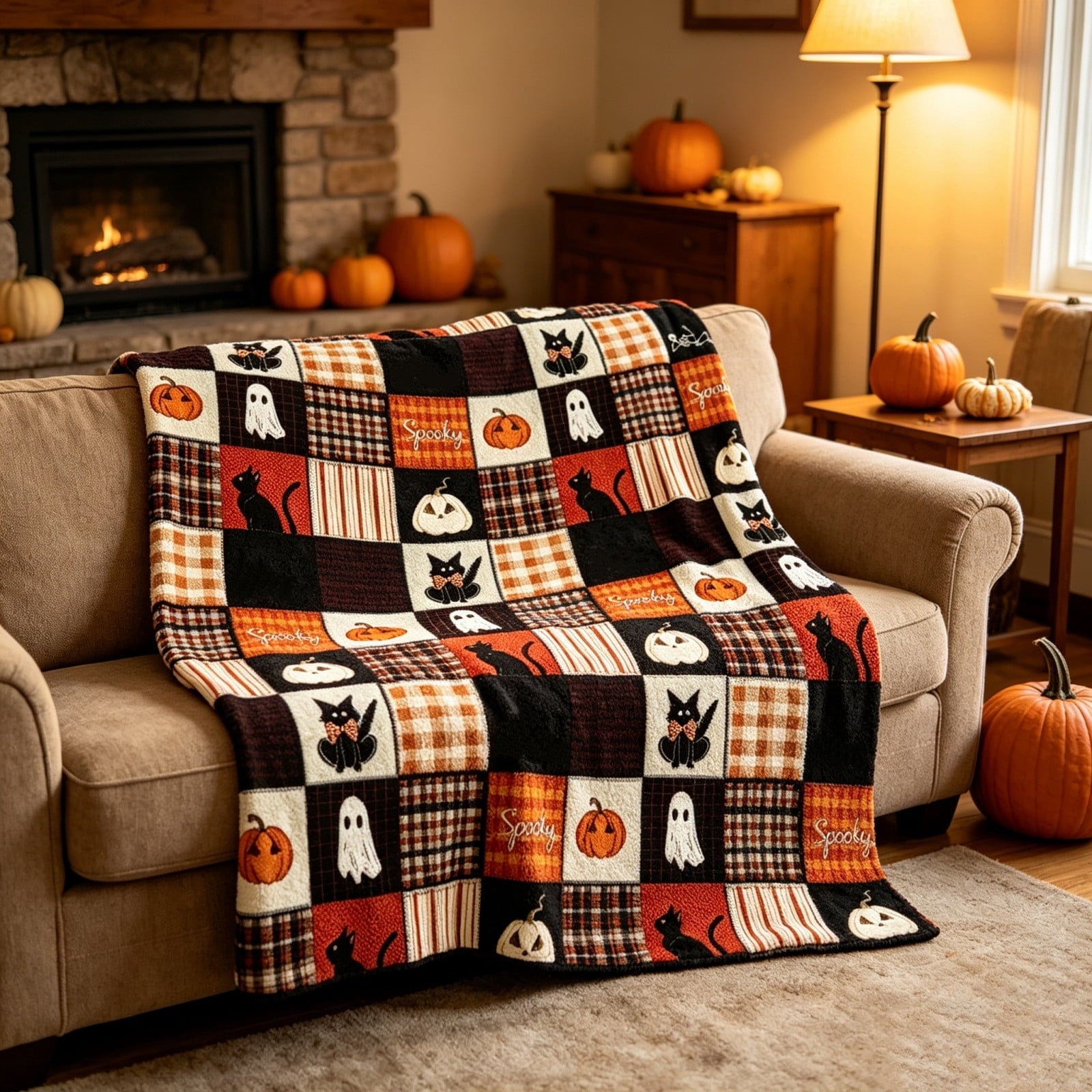 WWC Halloween Throw Blanket, 51x59 inch Soft Flannel Plaid Ghost Pumpkin Halloween Plush Throw, Halloween Cozy Fall Blanket for Couch and BedRoom