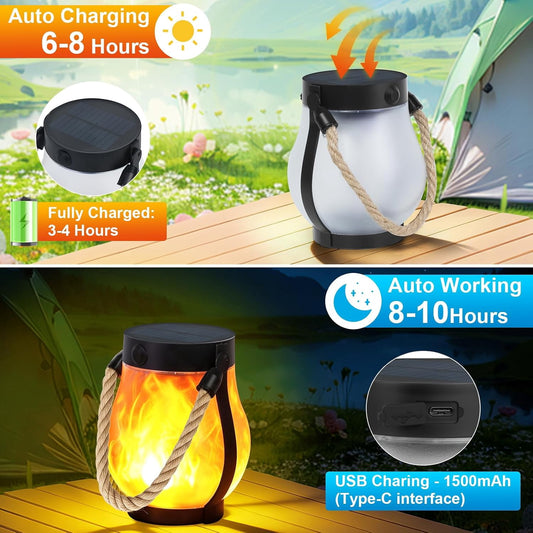 Gkcity Solar Lanterns Outdoor with Ultra-Real Flame, Dual Charging (USB/Solar), 2 Modes & Outdoor Waterproof Design, Decorative Hanging/Table Lights for Yard Patio Garden, Halloween Camp Gear, 2 Pack