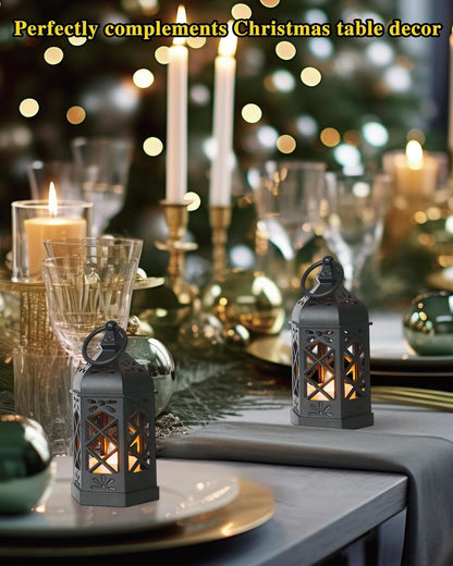 Micrency 12-Pack Mini Lanterns with Flickering LED Candles, Moroccan Style Decorative Hanging Lanterns for Halloween, Christmas, Wedding, Black Lantern for Table Centerpiece, Home & Party Decor