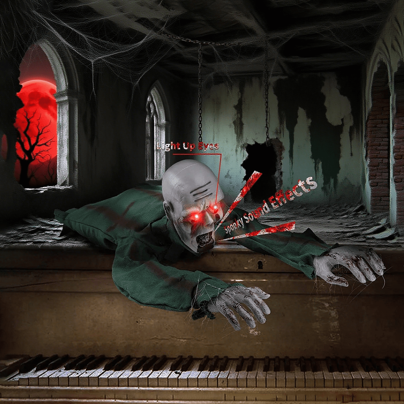 Halloween Animated Decorations, Outdoor Crawling Zombie with Horror Sound & Glowing Eyes, Zombie Ground breaker Ghost for Graveyard, Lawn, Haunted House Prop Decor