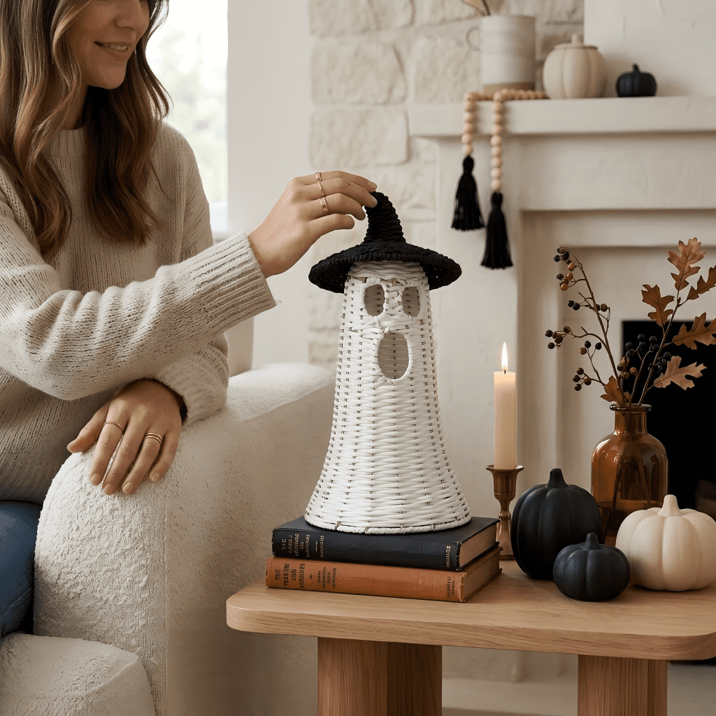 Handwoven Wicker Ghost with Detachable Witch Hat Lid - Rustic Rattan Style Spooky Lantern Centerpiece Halloween Decoration, Dark Botanical & Farmhouse Tabletop Mantle Decor, 13.78", Black & White