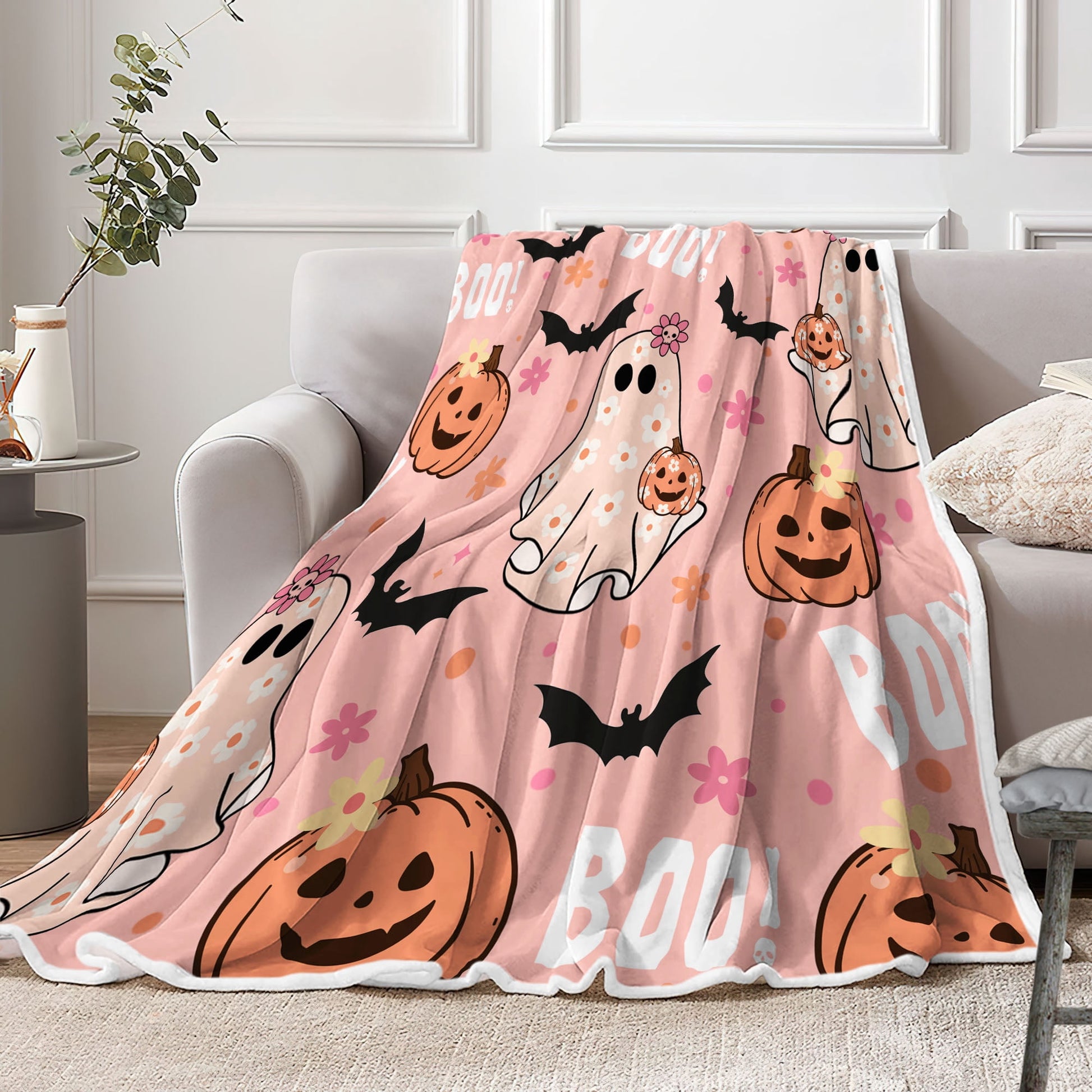 Halloween Throw Blanket, Pink Cute Spooky Ghost Pumpkin Bat Cozy Soft Blanket, Funny Pink Halloween Boo Flannel Baby Throw and Blankets Couch Sofa Bed Decor 50X60IN
