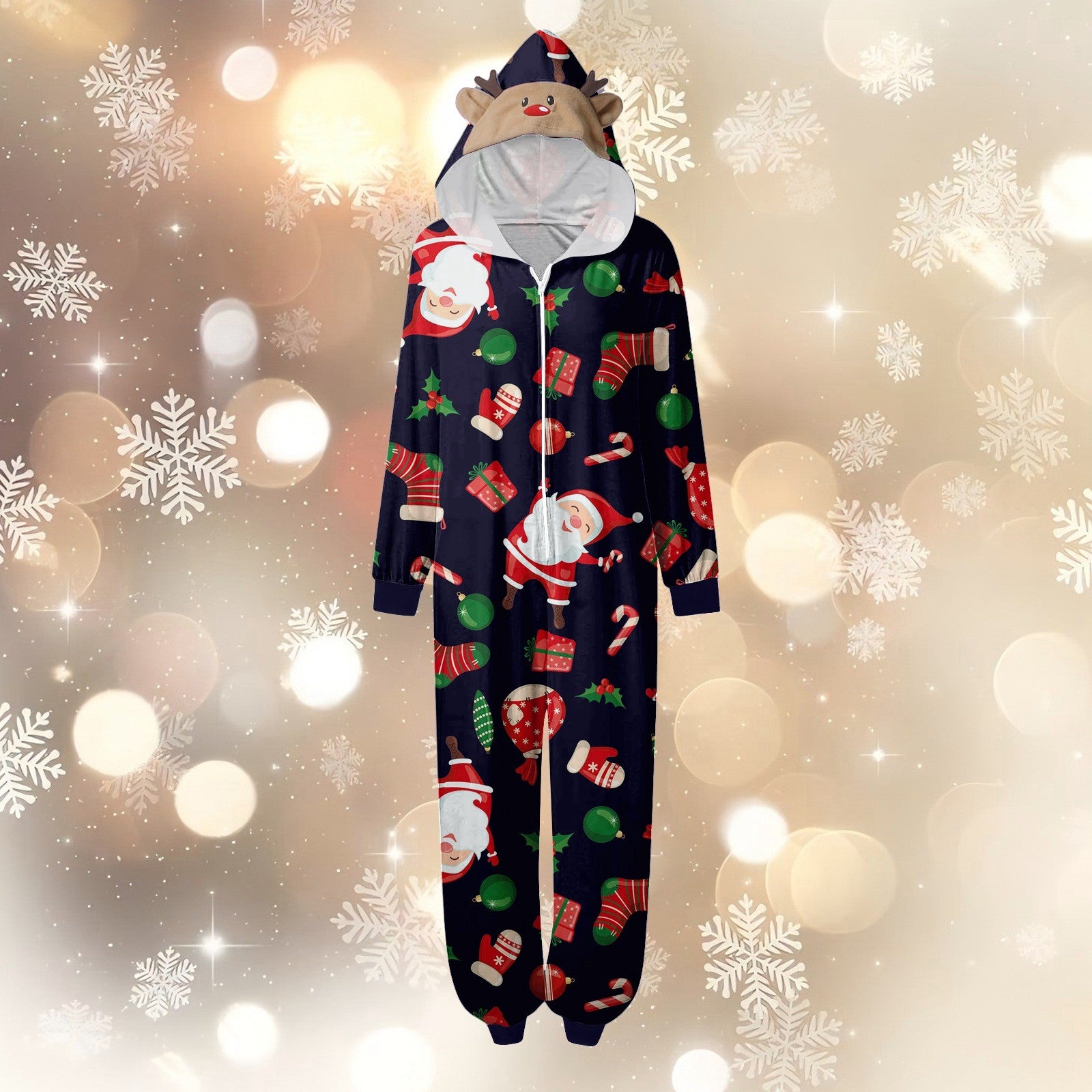 CUZIBR Christmas Family Pajamas Hooded Full Zipper Up Sleepwear Outfits Long Sleeve Cute Snowflake Print One Piece Jumpsuits Loungewear For Mom,Navy,M