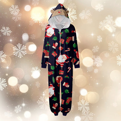 CUZIBR Christmas Family Pajamas Hooded Full Zipper Up Sleepwear Outfits Long Sleeve Cute Snowflake Print One Piece Jumpsuits Loungewear For Mom,Navy,M