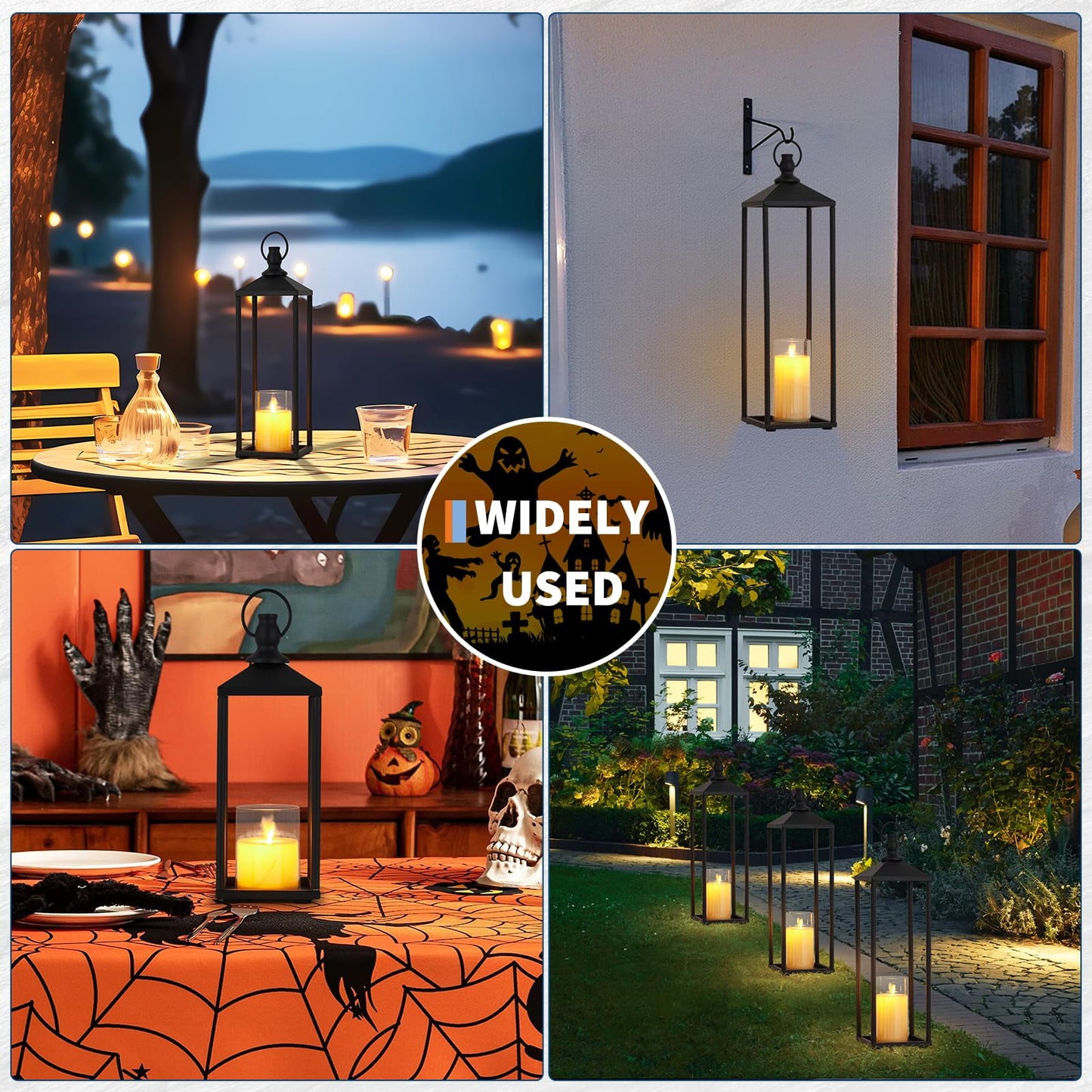 13"+17" Black Candle Lanterns, Metal Decorative Lanterns for Outdoor & Indoor with Flameless LED Candles, Halloween & Christmas Use Modern Patio Porch Garden Floor Decor