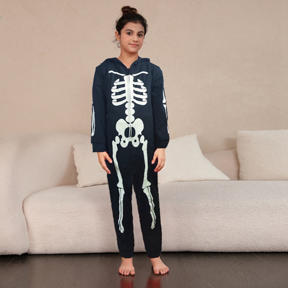 Uccdo Halloween Matching Family Pajamas Sets Glow In The Dark Hooded Skeleton Jumpsuits Holiday Pjs Sleepwear For Adult/Kid/Baby