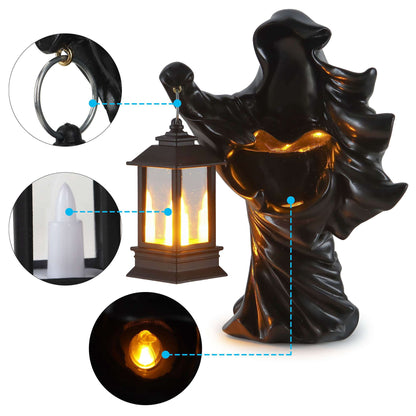 Gustave 2 Pack Halloween Hell Messenger Lantern Faceless Witch Resin Sculpture with LED Lantern Scary Ghost Statue Candle Light for Home Party Decoration "Black & White"