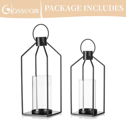 Glasseam Lantern Decorative Pillar Candle Holders Set of 2 Glass Hurricane Candle Holder for Halloween Front Porch Fireplace Outdoor Decor Black
