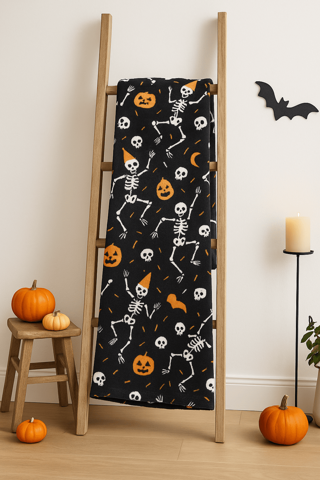 The Big One Plush Halloween Throw Blanket, Party Skeletons Design, Black Cozy 60" x 72"