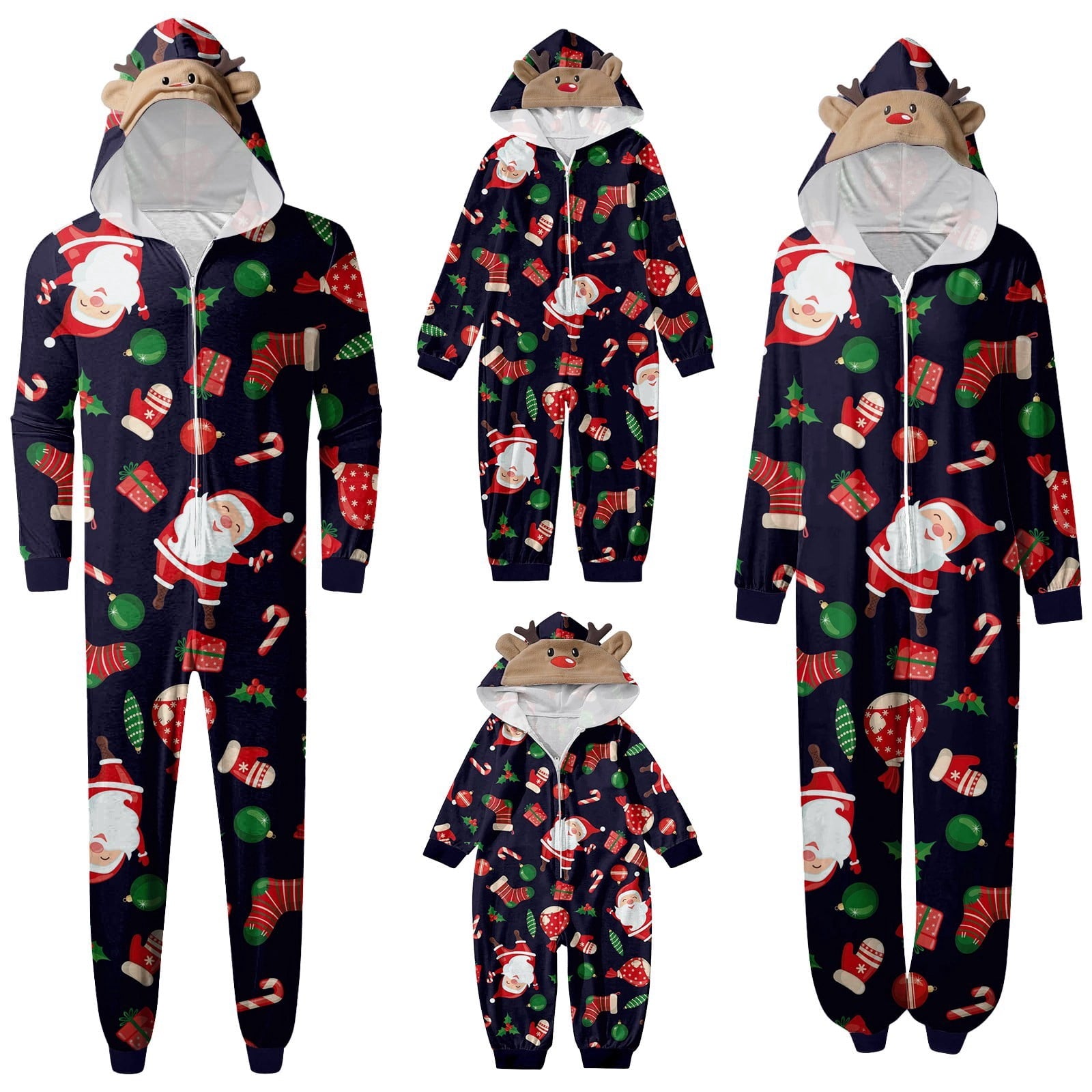 CUZIBR Christmas Family Pajamas Hooded Full Zipper Up Sleepwear Outfits Long Sleeve Cute Snowflake Print One Piece Jumpsuits Loungewear For Mom,Navy,M