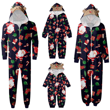 CUZIBR Christmas Family Pajamas Hooded Full Zipper Up Sleepwear Outfits Long Sleeve Cute Snowflake Print One Piece Jumpsuits Loungewear For Mom,Navy,M