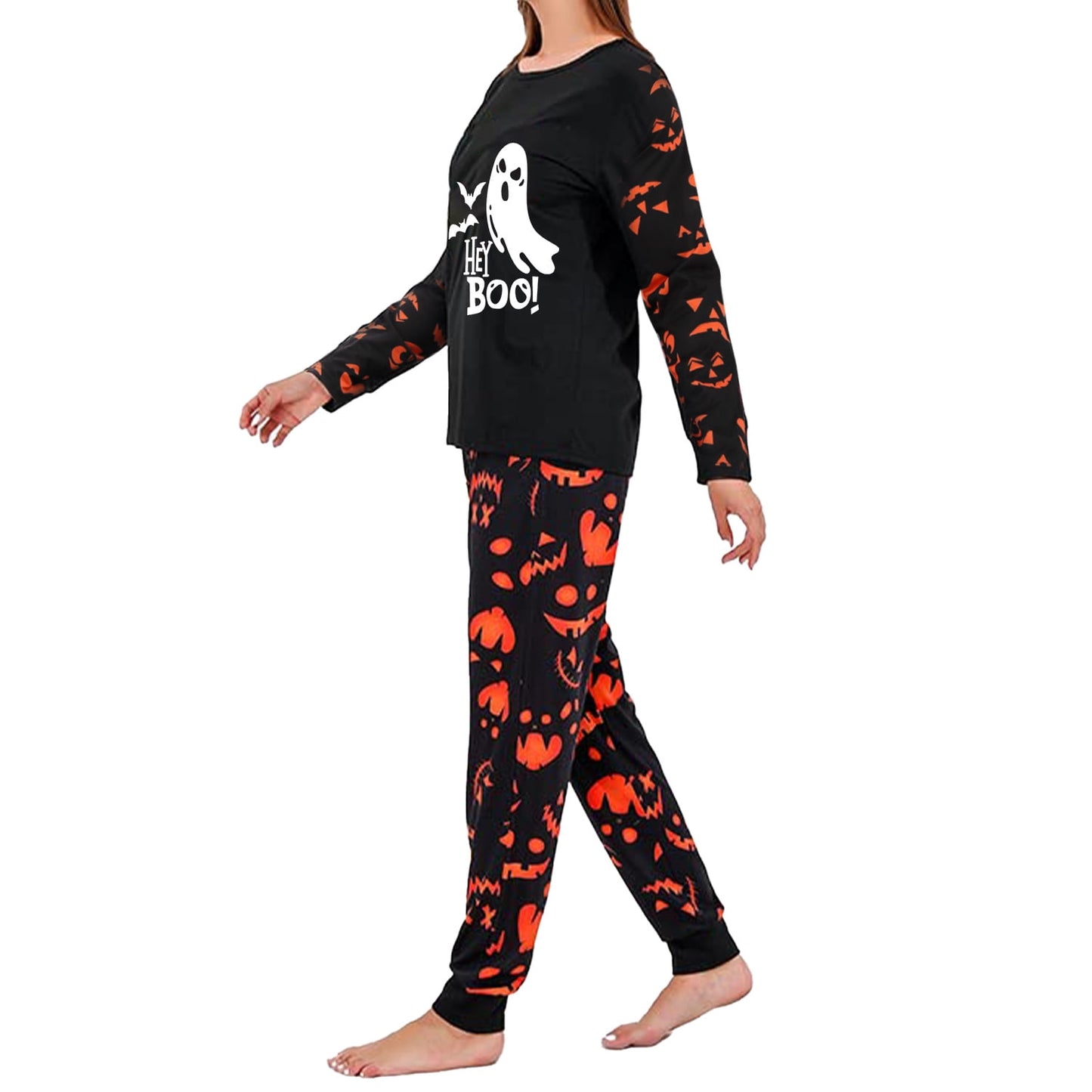 DAKIMOE Halloween Pajamas Family Matching Glow In The Dark Halloween Print Long Sleeve PJs Set Outfits 2 Pieces Cotton Loungewear Sleepwear for Adult Men Women Kids Toddler, Ghost, Mom-M
