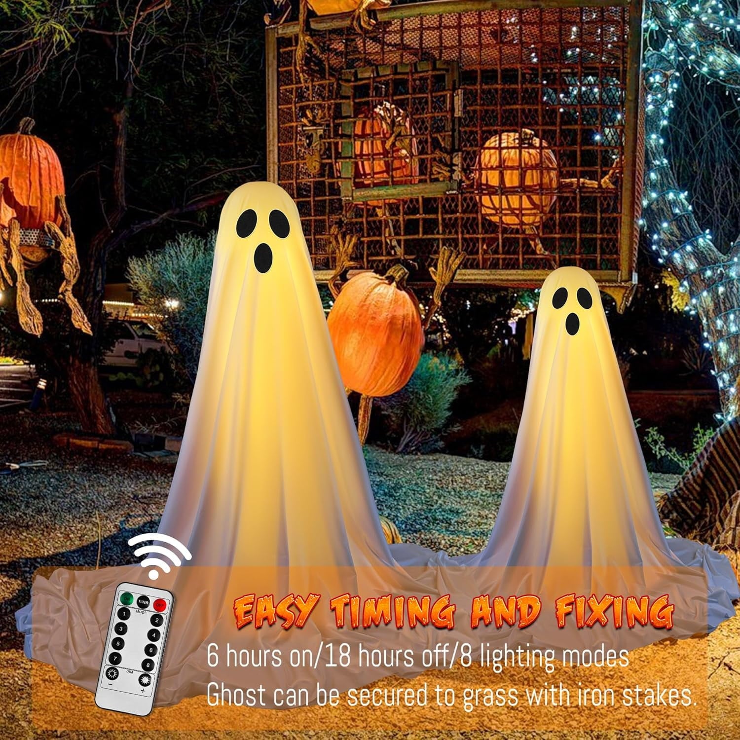 DAKIMOE Halloween Decorations Outdoor Indoor Halloween Party Decorations Indoor,Spooky Ghost Decor with String Lights,Halloween Ghost Lights for Porches Yards Gardens Lawn 2 Pack