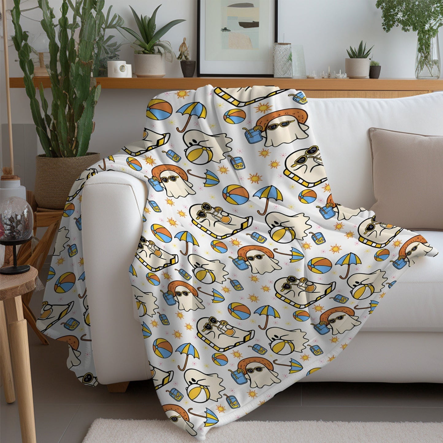Summerween Beach Ghost Throw Blanket, Cute Ghosts in Sunglasses with Beach Balls & Umbrellas, Cozy Soft Blanket for Bed Couch, 40x50in