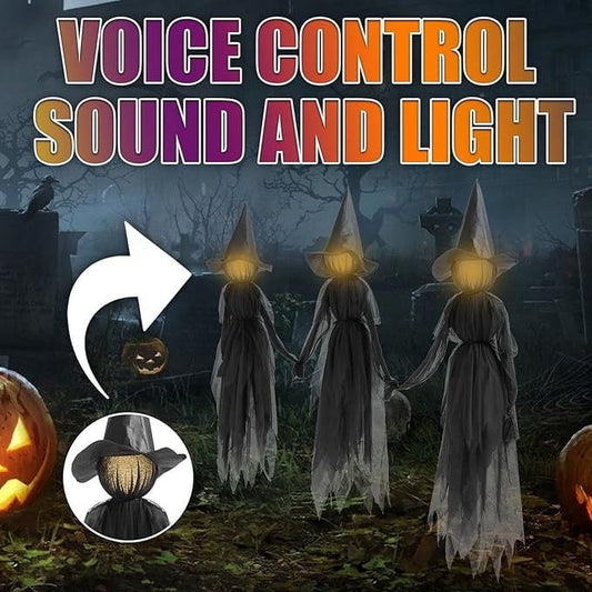 Halloween Witch Decorations Outdoor, 59" Light Up Witches Holding Hands Witches with Stakes, Voice Control Screaming Life Size Witches Waterproof for Yard Garden Lawn Decor, 3 count