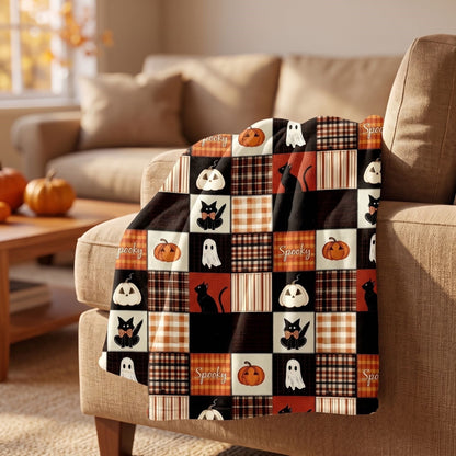 WWC Halloween Throw Blanket, 51x59 inch Soft Flannel Plaid Ghost Pumpkin Halloween Plush Throw, Halloween Cozy Fall Blanket for Couch and BedRoom