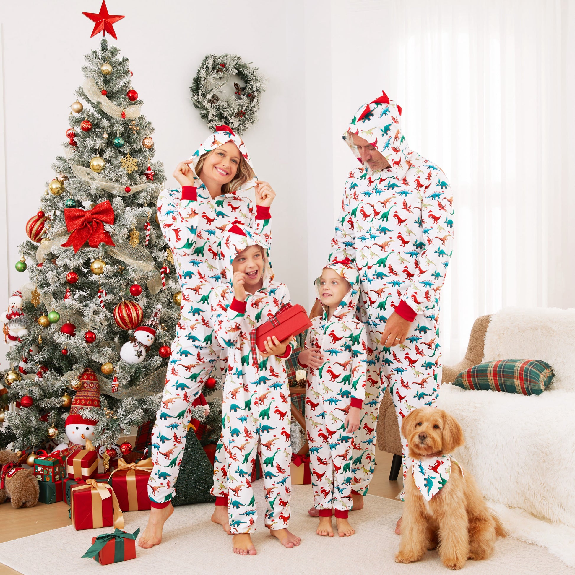 PatPat Christmas Family Matching Pajamas for Women One Piece Long Sleeve Hooded Dinosaur Costume Adult PJs for Couples Holiday Loungewear with Socks Women S